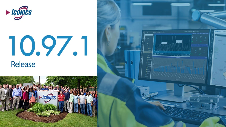 image of the team surrounding the old ICONICS company sign on the left, woman sitting at a desktop viewing a dashboard on the right