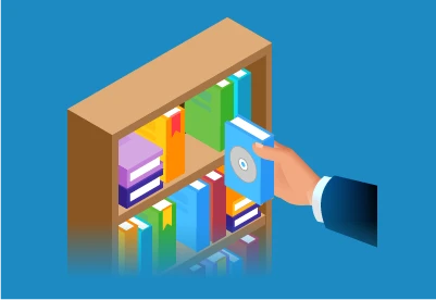 Isometric graphic showing a hand taking a book from a bookshelf