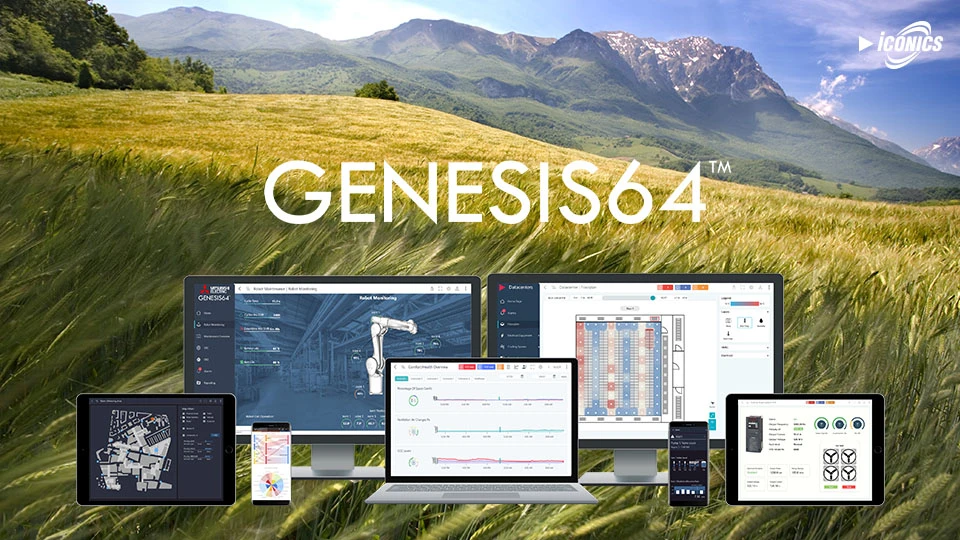 Mountain range grass blowing in the wind in the background, with Mitsubishi Electric Iconics Digital Solutions GENESIS64 branding in the foreground