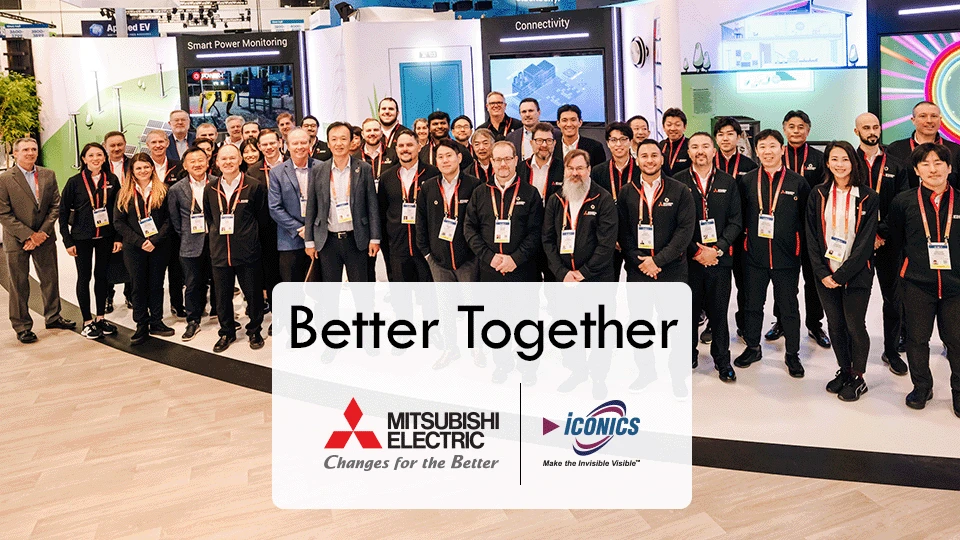 Photo of a Mitsubishi Electric team at a tradeshow with the Better Together co-branded logo superimposed in the foreground