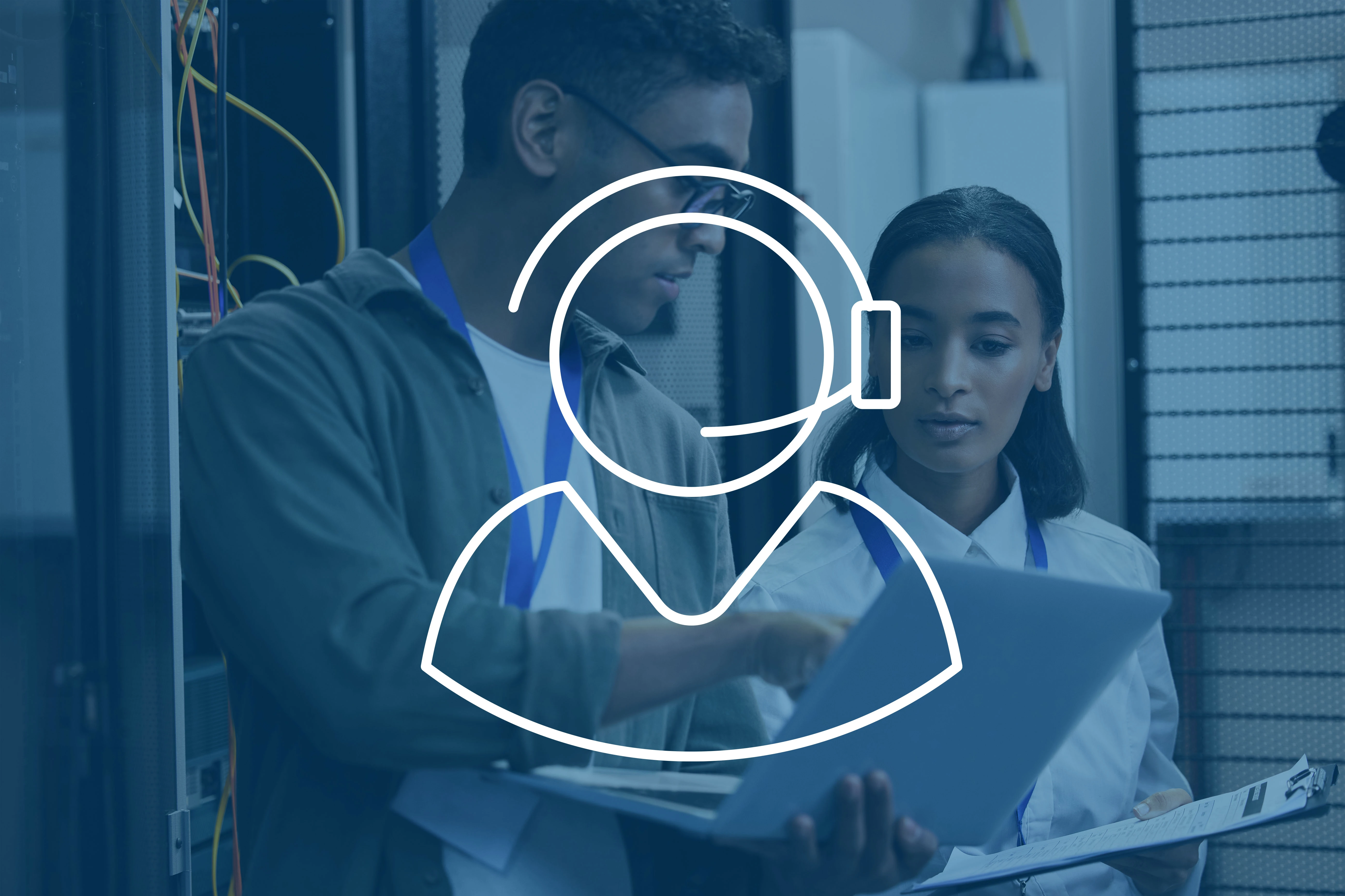 person wearing headset outline overlaid on photo of man and woman looking at laptop