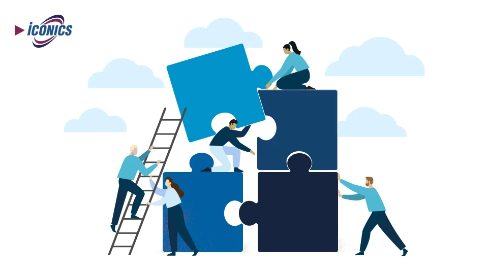 Vector illustration of 5 people using a ladder to place four puzzle pieces together