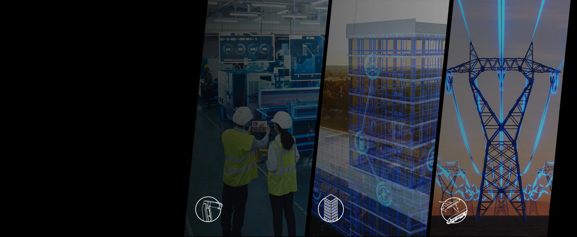 homepage hero image featuring three pillars of smart manufacturing, smart buildings and smart infrastructure