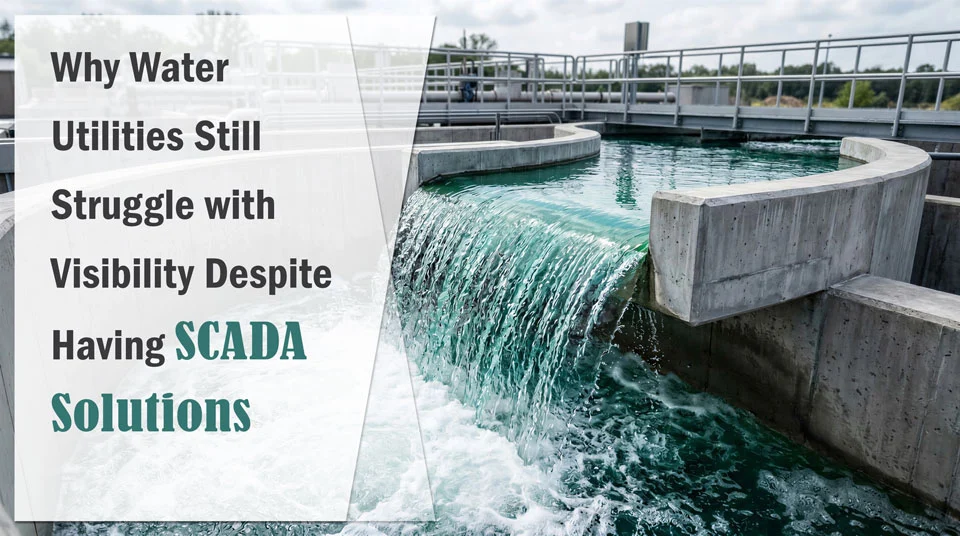 Why Water and Wastewater Utilities Still Struggle with Data Visibility blog image of light blue water cascading down through a cement channel in a water treatment facility