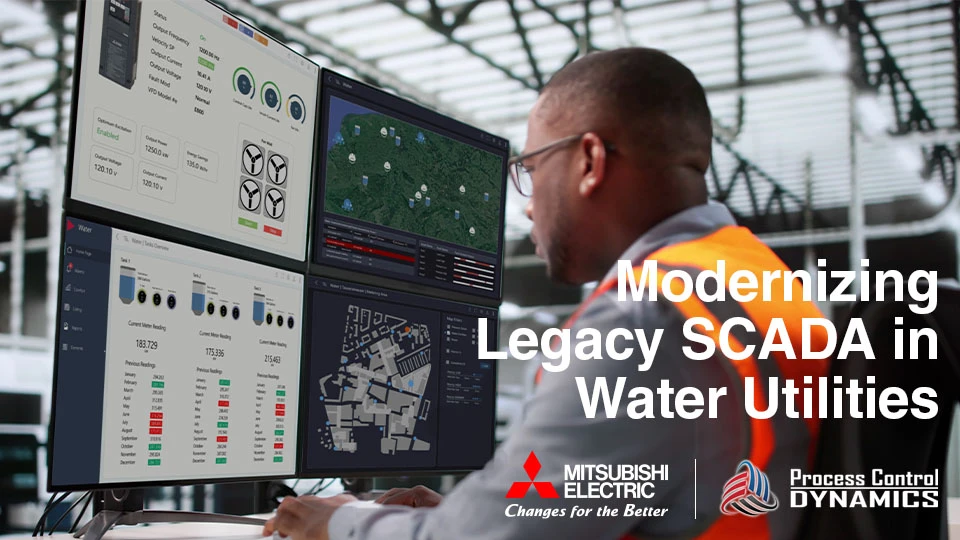 Modernizing Legacy SCADA in Water Utilities mage of man wearing glasses and a high-visibility vest, sitting at a desk with four monitors, showing various water management dashboards