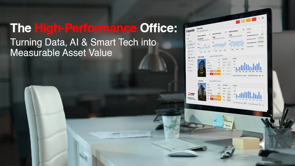 The high-performance office: turning data, AI and smart tech into measurable asset value blog image of desktop monitor with metrics dashboard