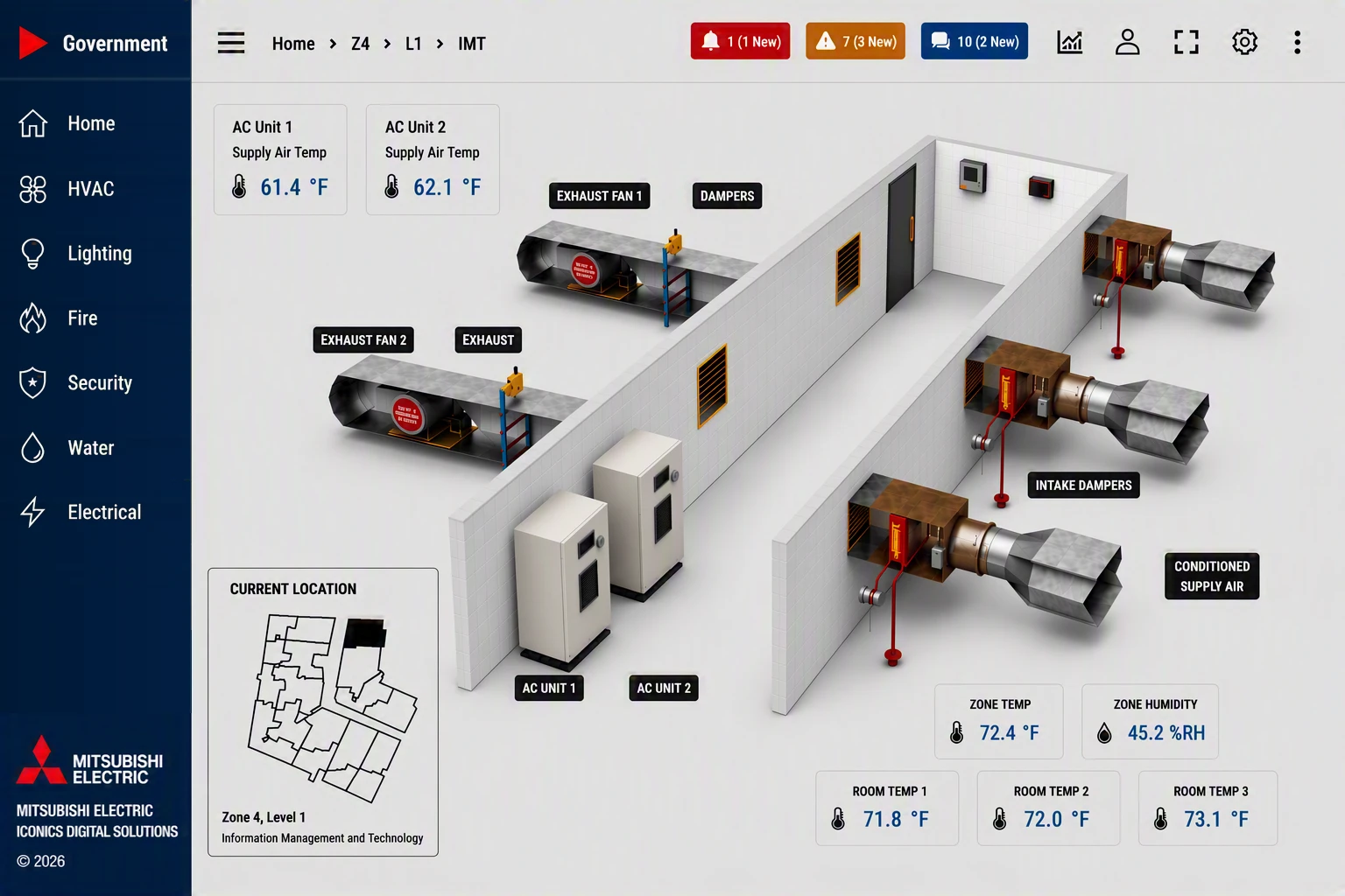 Government and Defense 3-D rendering of HVAC, exhaust, damper and control units for an IT room