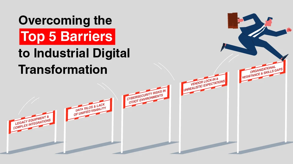 A businessperson carrying a briefcase leaps over five red-and-white barriers labeled “Legacy Equipment & Complex Integrations,” “Data Silos & Lack of Unified Visibility,” “Cybersecurity Risks in OT/IT